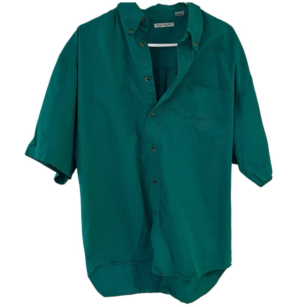 Vintage Bugle Boy Short Sleeve Button Down Shirt XL Teal Green Embroidered Crest